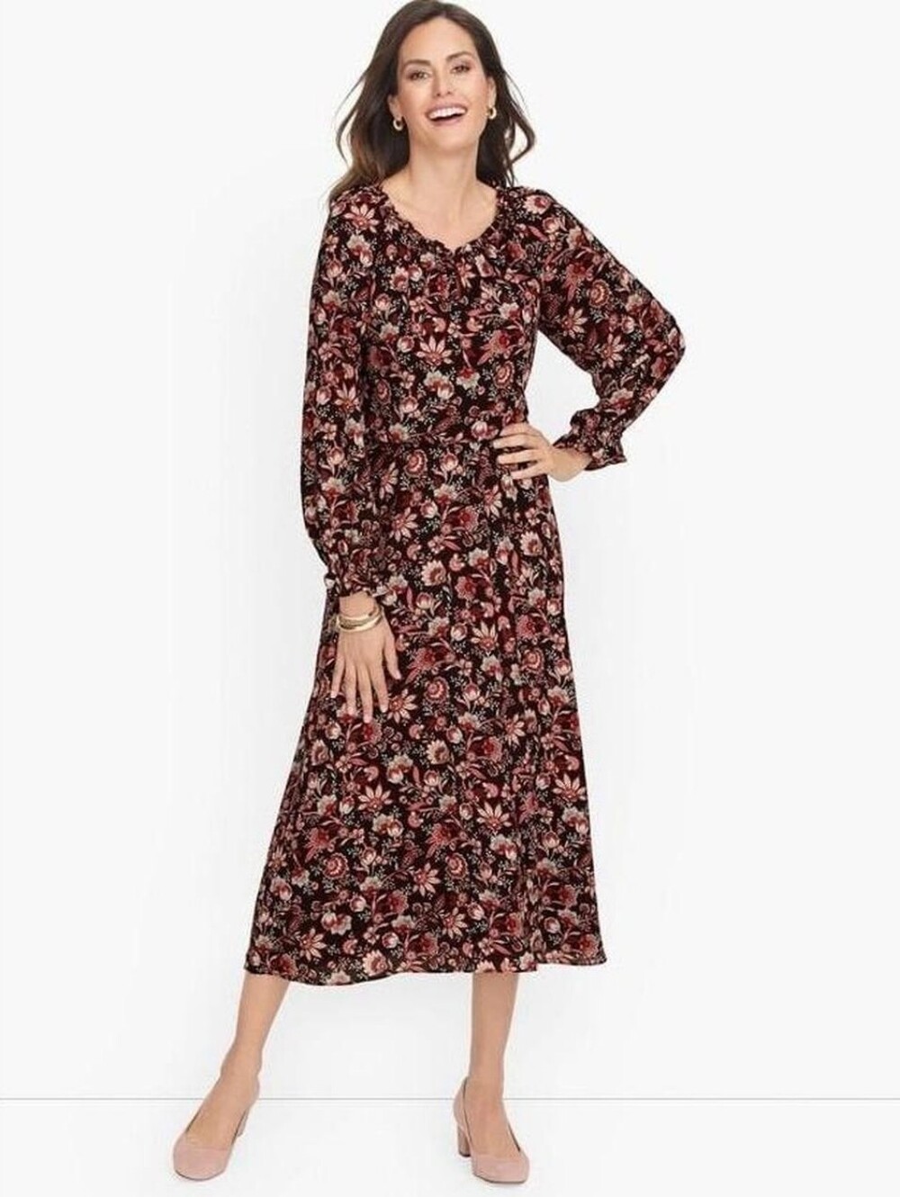 Talbots Floral Smocked Waist Midi Dress - Black & Pink Floral 1X Petite